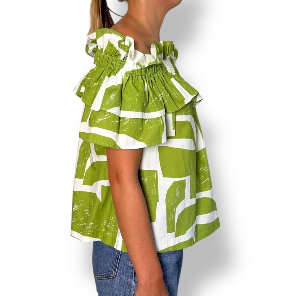 MeimeiJ Abstract Green White Print Top Off Shoulder Ruffle Cotton Sz XS (Ital 38 - Picture 5 of 8